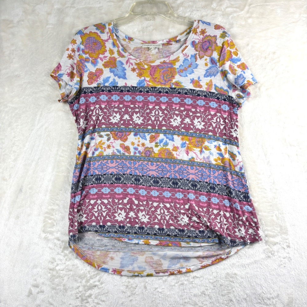 Farmers‎ Market Top Womens M Boho Floral Stripe Print Short Sleeve T Shirt